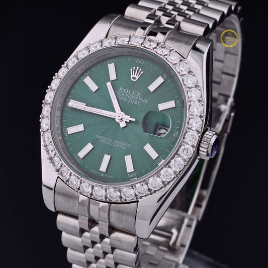 Round Cut Moissanite Diamond Bezel Green Dial Date just Style Watch with Jubilee Bracelet