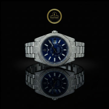 Diamond-Encrusted White Gold Timepiece Featuring Sapphire Blue Dial & Precision Craftsmanship