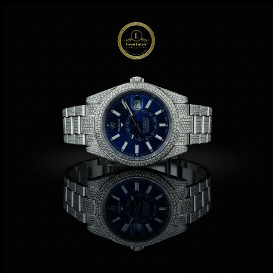 Diamond-Encrusted White Gold Timepiece Featuring Sapphire Blue Dial & Precision Craftsmanship