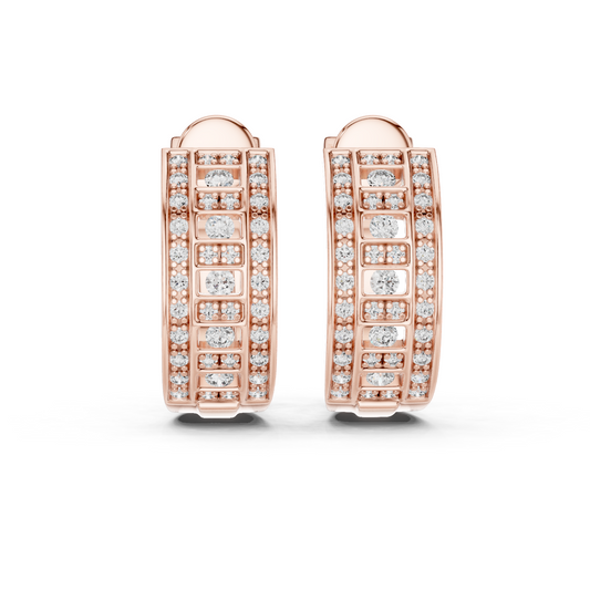 Round Moissanite Diamond Geometric Grid C Hoop Earrings with Micro Pavé Rows
