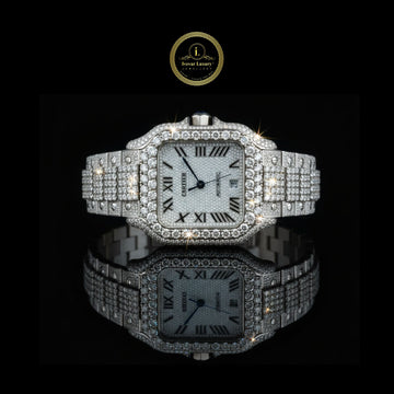 Full Iced Out Diamond Square Watch with Roman Dial & Pave Link Band
