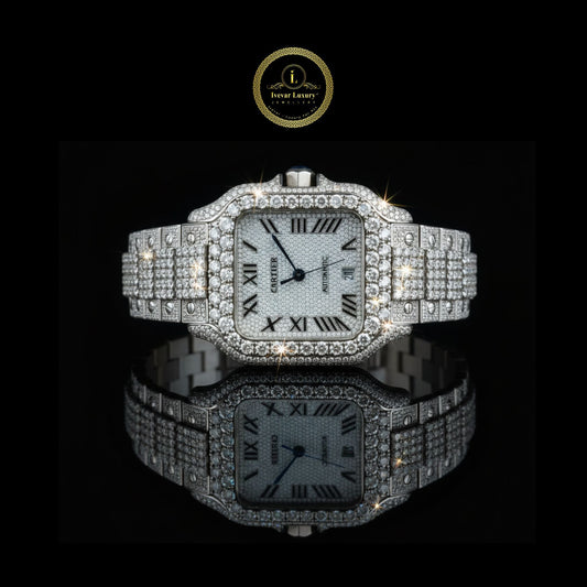 Full Iced Out Diamond Square Watch with Roman Dial & Pave Link Band