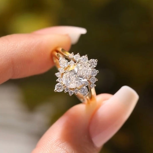 2.40 CT Elegant Oval Cut Moissanite Diamond Halo Ring with Floral Cluster Ring