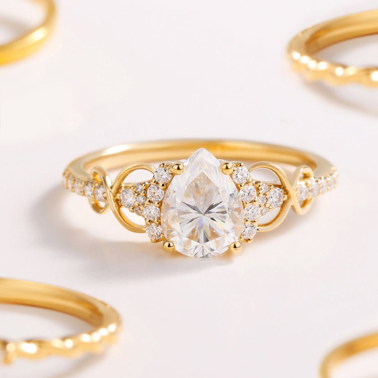 1.00 CT Romantic Pear Cut Lab Grown Diamond Ring with Diamond Halo and Flowing Swirls