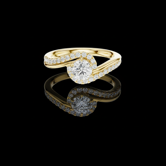 Round Cut Moissanite Diamond Swirl Halo Pave Engagement Ring
