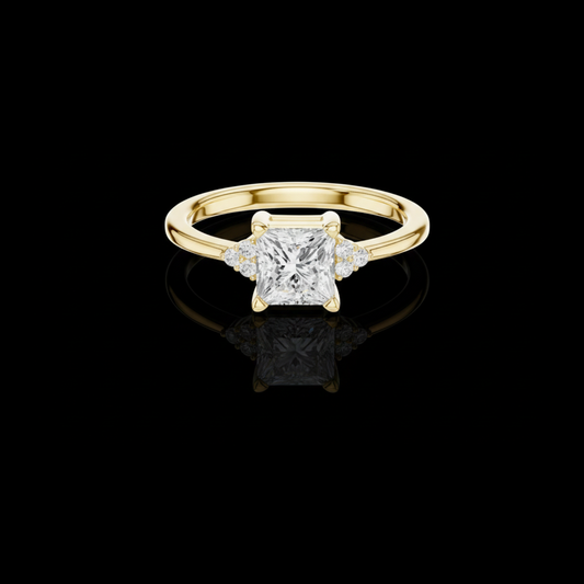 0.86 CT Brilliant Princess Cut Lab Grown Diamond Ring with Round Diamond Accent Clusters