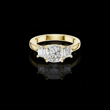 1.4 CT Aurora Cushion Center Moissanite Diamond Three Stone with Tapered Baguette Side Stones