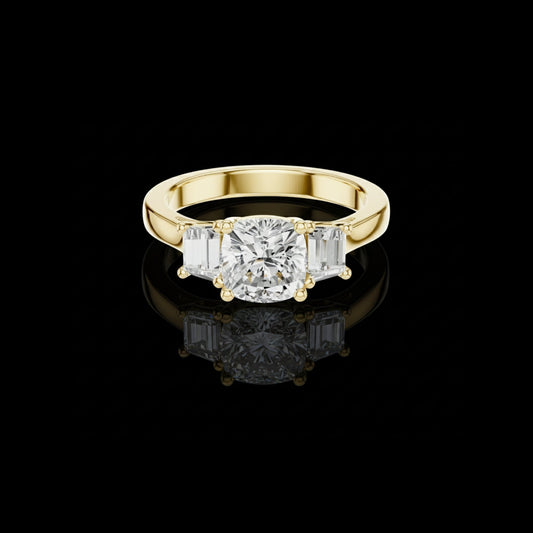 Cushion Three Stone Moissanite Diamond Ring With Tapered Side Stone