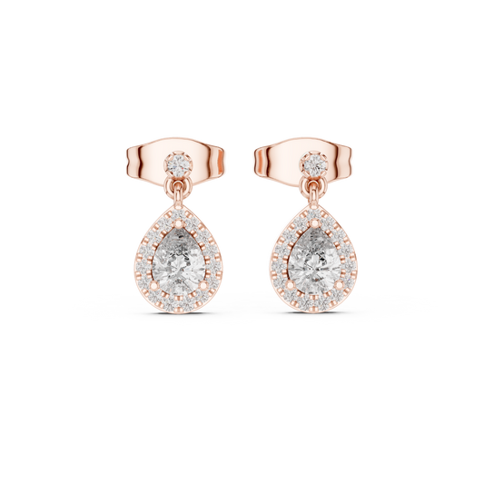 Pear Shape Moissanite Diamond Miniature Halo Drop Earrings With Push Back