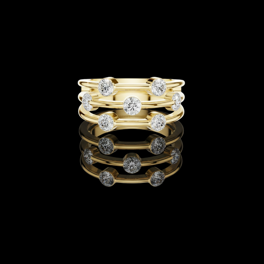 1.07 TCW Radiant Constellation Horizon Triple Row Bezel Set Moissanite Diamond Ring in Polished Gold