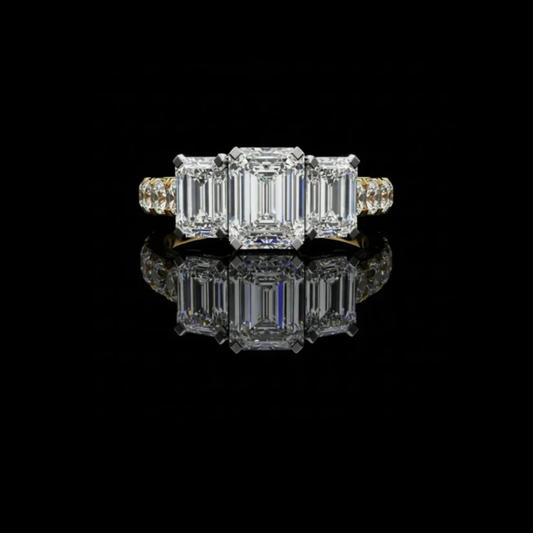 Three Stone Emerald Lab Diamond Engagement Ring With Emerald Side Stone