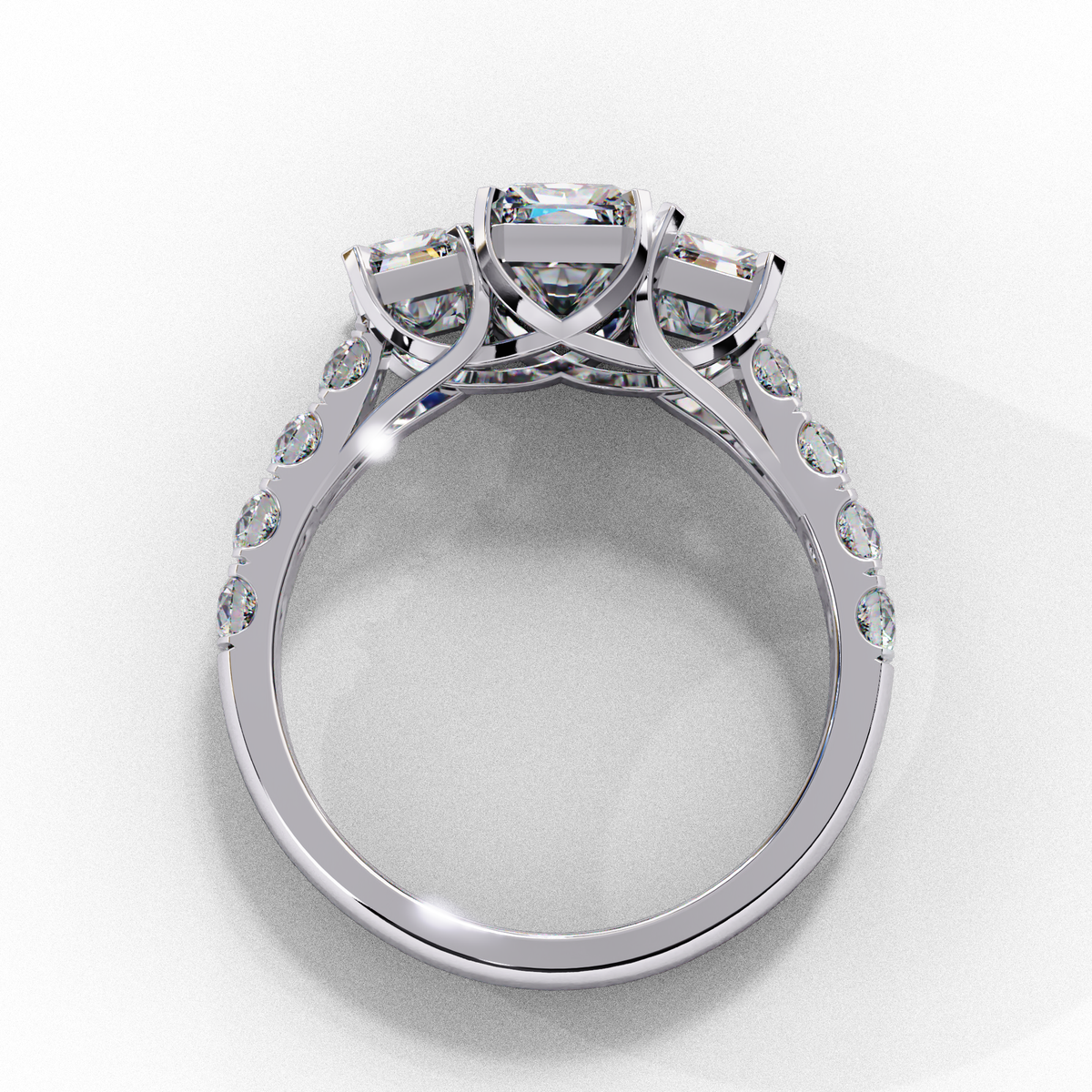 Three Stone Emerald Lab Diamond Engagement Ring With Emerald Side Stone