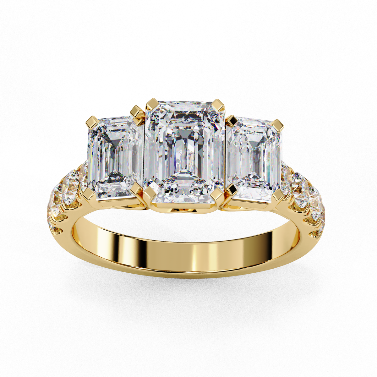 Three Stone Emerald Lab Diamond Engagement Ring With Emerald Side Stone