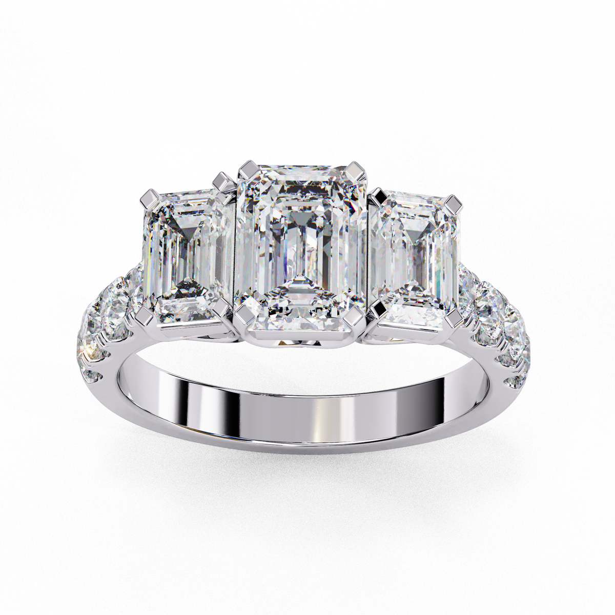 Three Stone Emerald Lab Diamond Engagement Ring With Emerald Side Stone