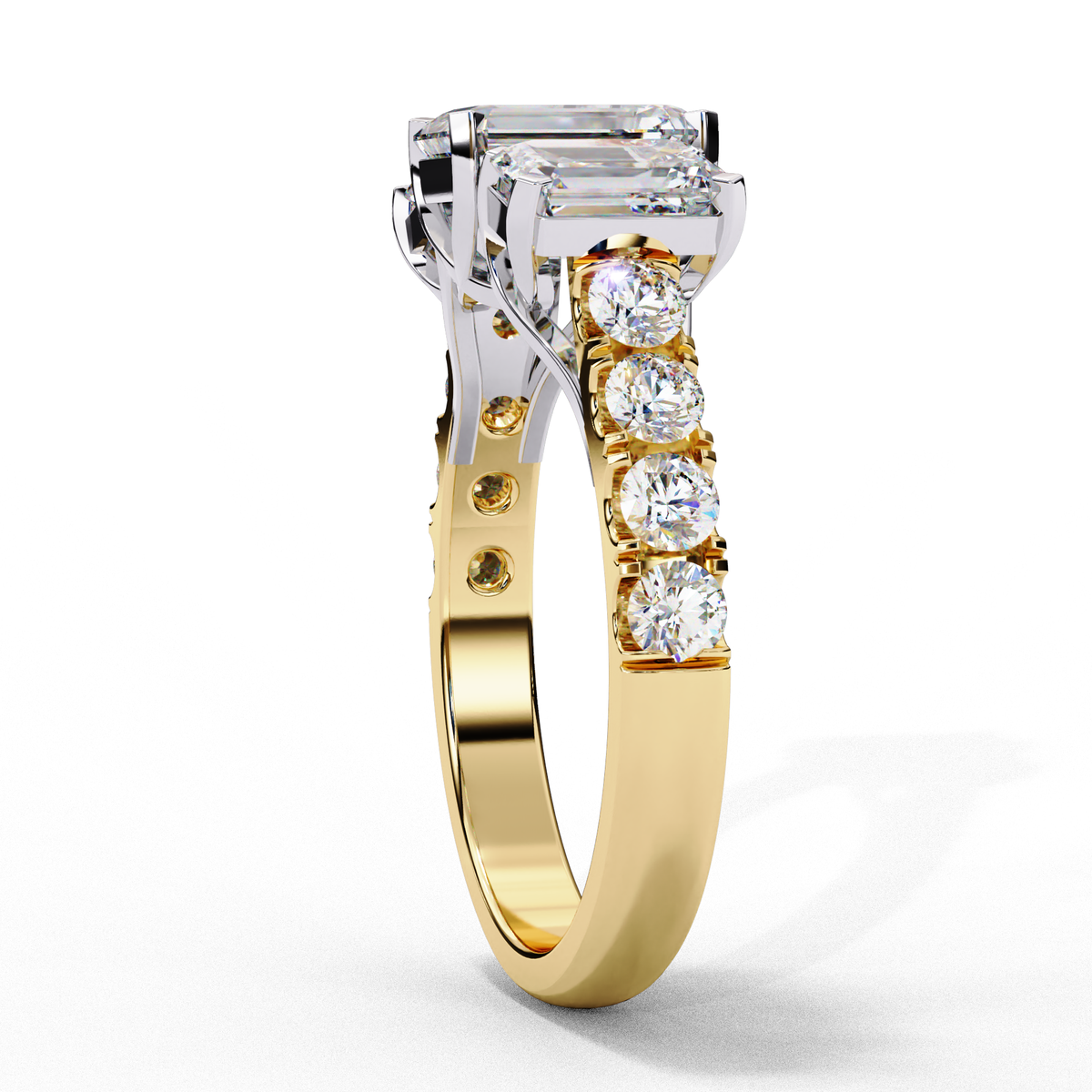 Three Stone Emerald Lab Diamond Engagement Ring With Emerald Side Stone
