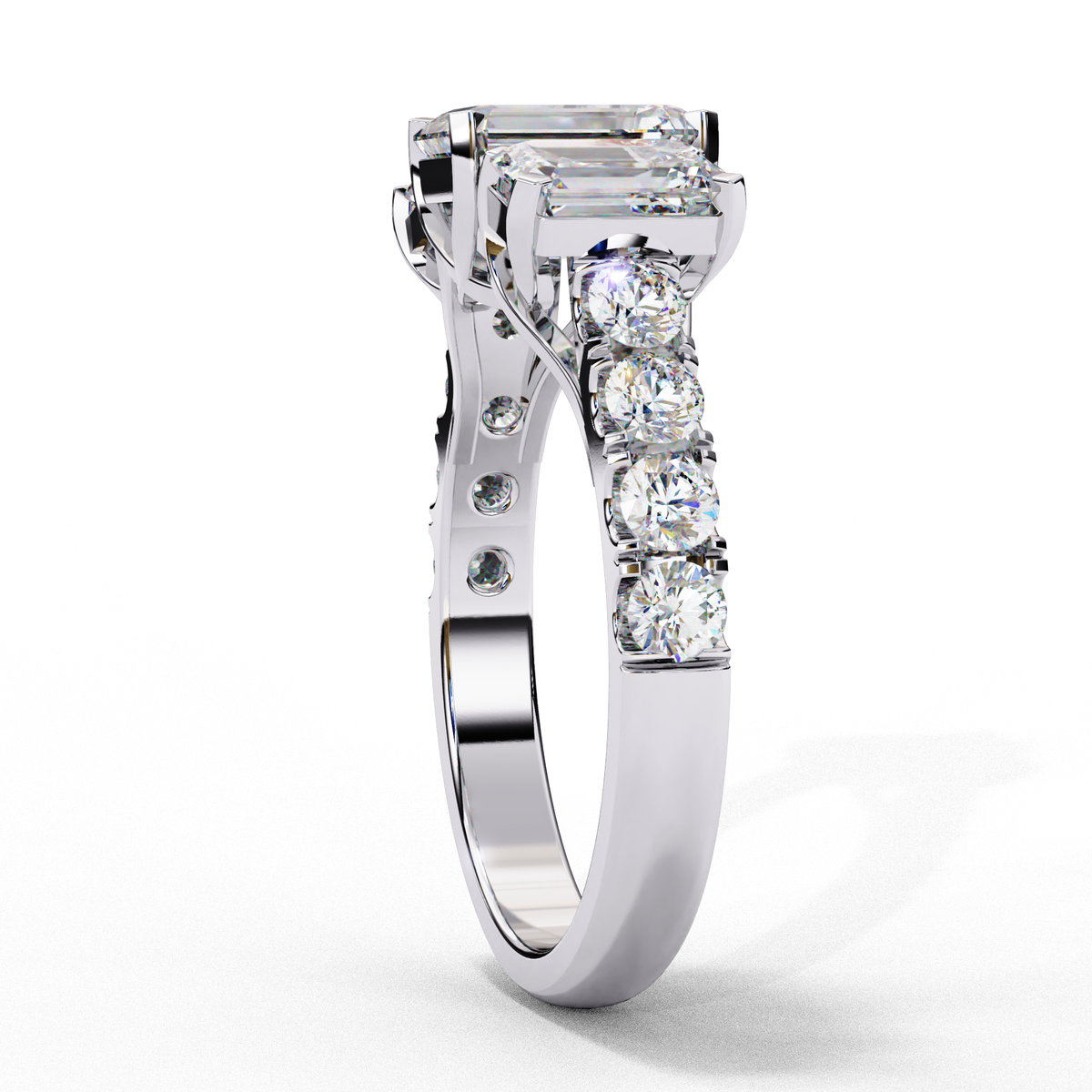 Three Stone Emerald Lab Diamond Engagement Ring With Emerald Side Stone