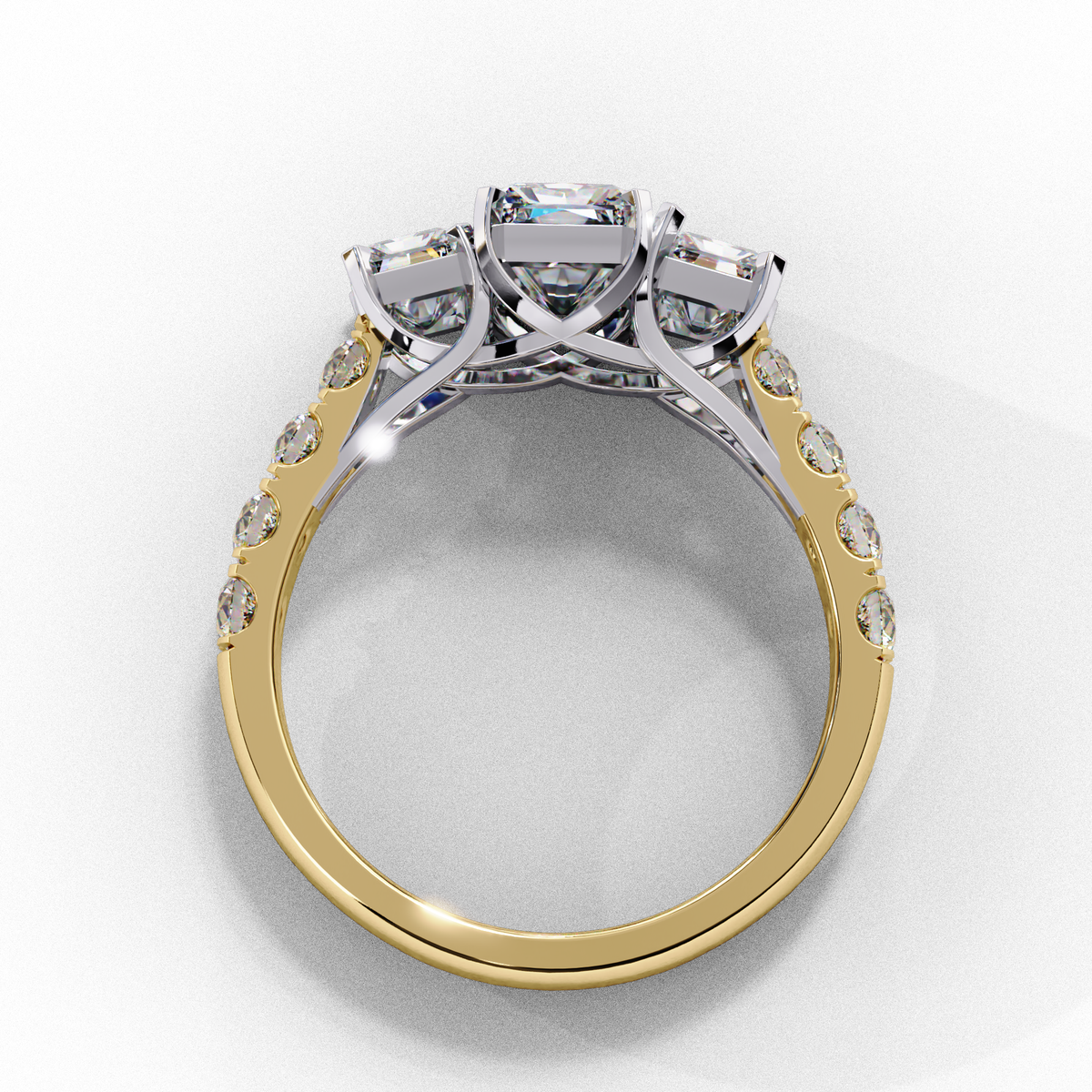 Three Stone Emerald Lab Diamond Engagement Ring With Emerald Side Stone