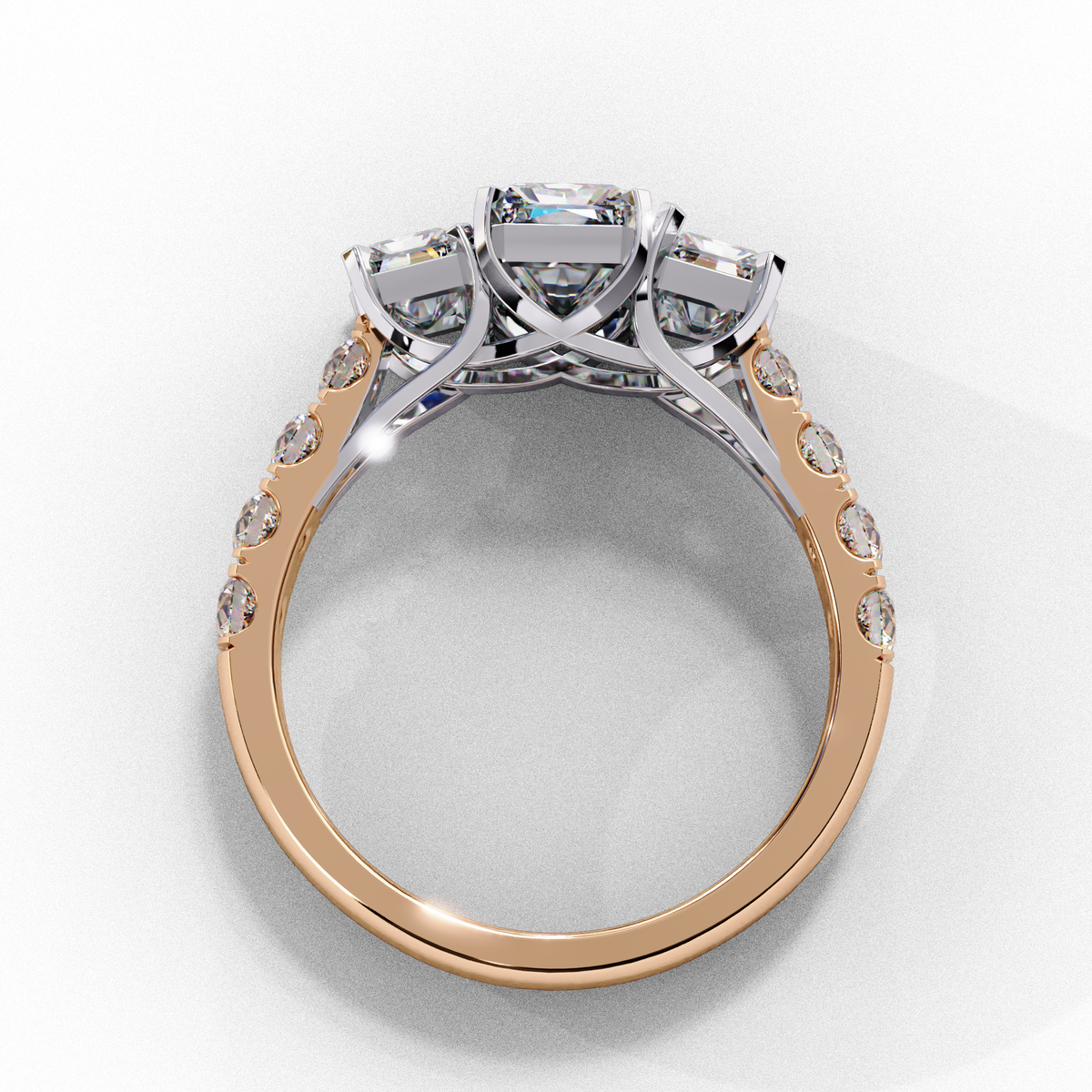 Three Stone Emerald Lab Diamond Engagement Ring With Emerald Side Stone