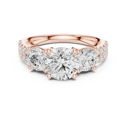 Three Stone Gold Ring Round Cut Moissanite Diamonds With Pave Accents