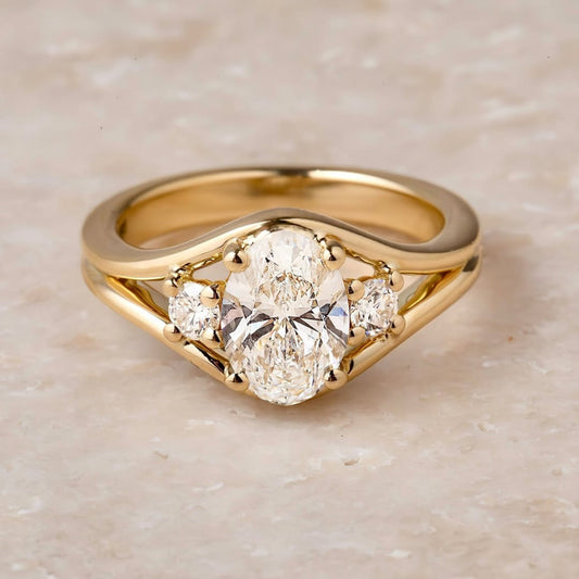 Oval Lab Grown Split Shank Three Stone Engagement Ring