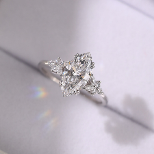 Marquise Lab Grown Cluster Ring with Round And Marquise Side Accents