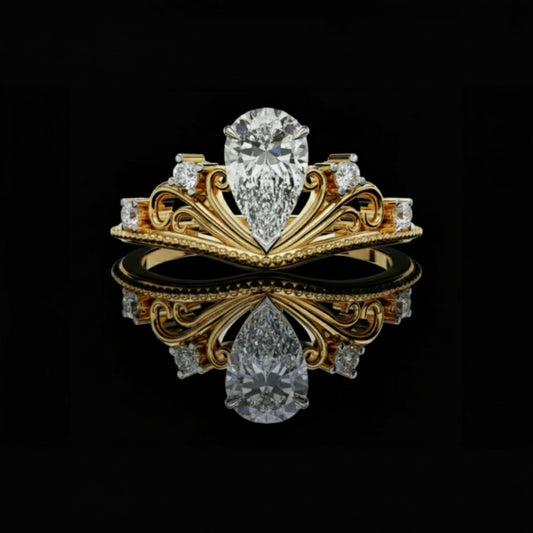 0.97 CT Classic Moissanite Diamond Vintage Pear Cut Tiara Crown Royal Statement Wedding Ring for Her