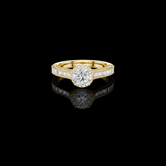Round Cut Moissanite Diamond Ring Baguette Side Stones Cathedral Solitaire