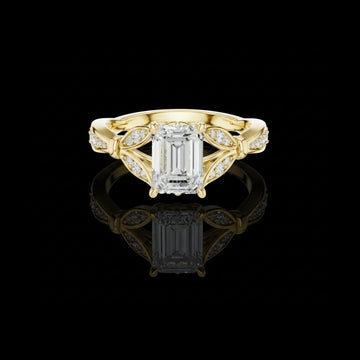 Emerald Cut Lab Grown Diamond Ring with Intricate Leaf Motif Band