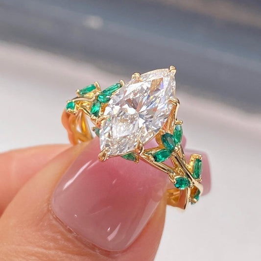 Marquise Lab Grown Diamond Natural Inspire Green Side Accents Ring