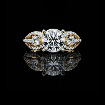 1.29 CT Tri-Stone Moissanite Grown Round Cut Diamond Ring with Gold and Pave Accents