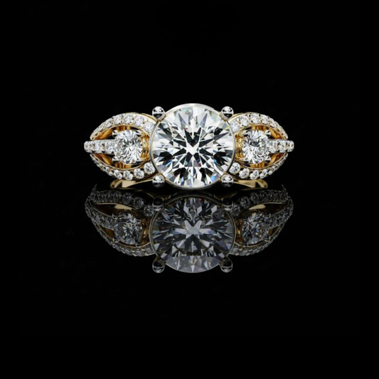 1.29 CT Tri-Stone Lab Grown Round Cut Diamond Ring with Gold and Pave Accents