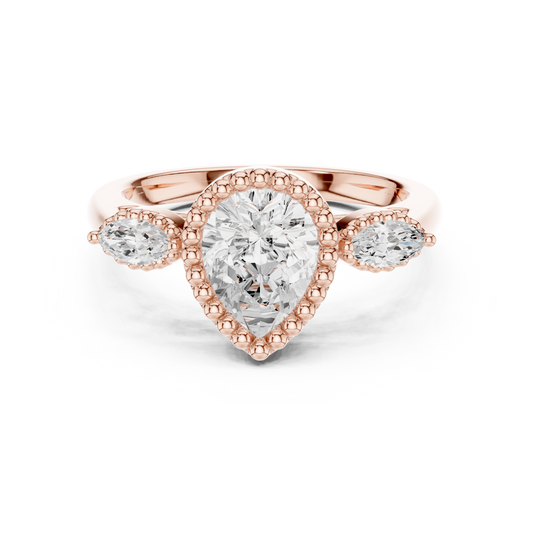 1.32 CT Vintage Inspired Pear Cut Three Stone Moissanite Diamond Ring in Textured Gold Halo For Her