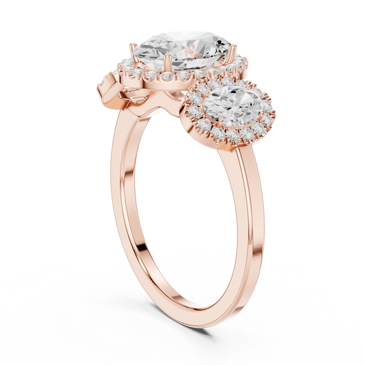 Oval Cut Three Stone Halo Diamond Lab Diamond Engagement Ring