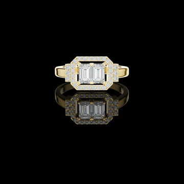 0.76 TCW Gleaming Twin Emerald Cut Moissanite Diamond Ring with Geometric Pave Halo Setting
