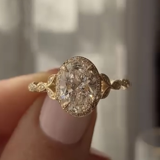 Vintage Oval Lab Grown Diamond Milgrain Halo Ring