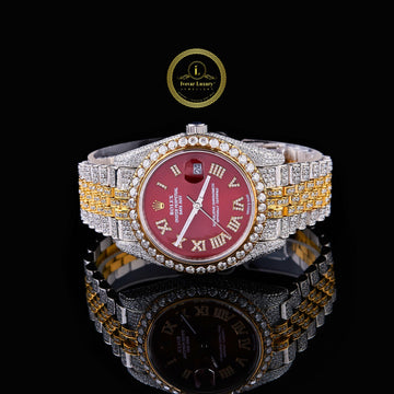 Two-Tone Calendar Watch with Burgundy Roman Dial Diamond Bezel & 5-Link Bracelet