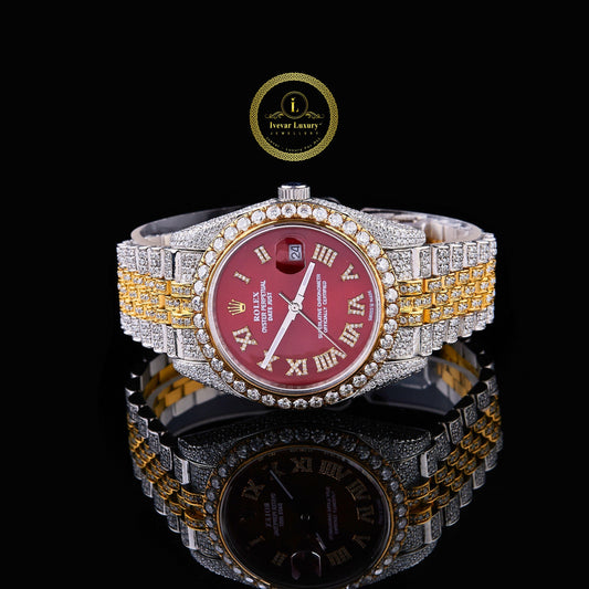 Two-Tone Calendar Watch with Burgundy Roman Dial Diamond Bezel & 5-Link Bracelet