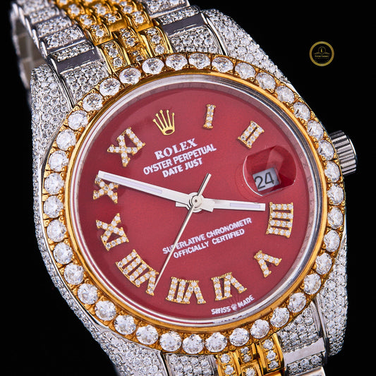 Two-Tone Calendar Watch with Burgundy Roman Dial Diamond Bezel & 5-Link Bracelet