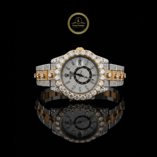 Full Iced Out Two-Tone Diamond Day-Date Watch with Pave Dial & Large Diamond Bezel