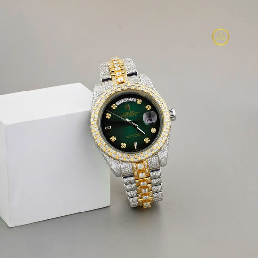 Full Iced Out Diamond Day-Date Watch with Green Dial & Baguette Diamond Bezel