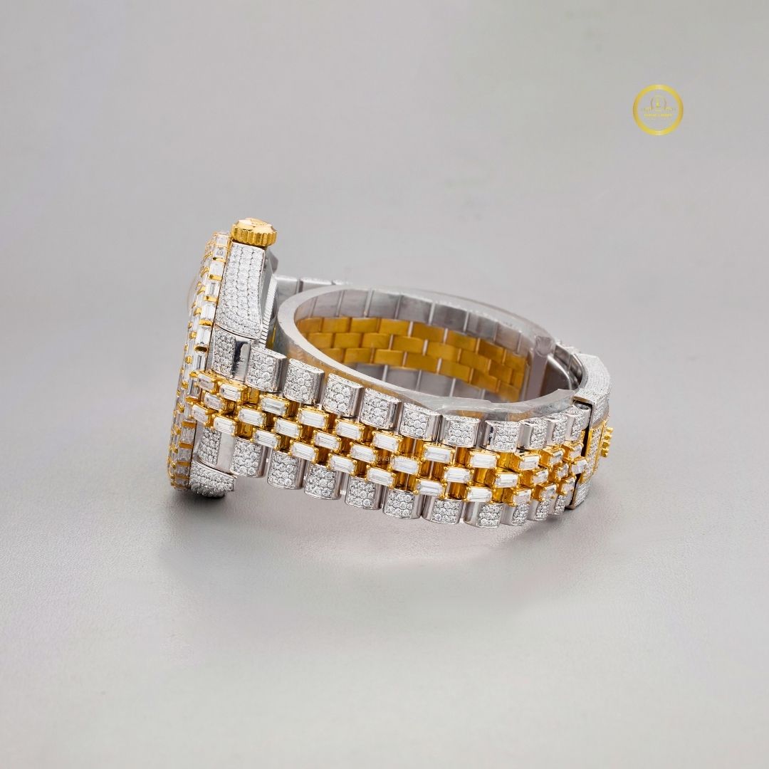 Imperial Gold and Silver Lab Diamond Encrusted Roman Luxury Timepiece with Full Pavé Dial and Baguette-Cut Detailing - View 3
