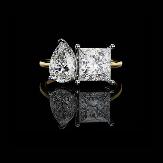 Pear and Princess Cut Moissanite Diamond Toi et Moi Delicate Ring