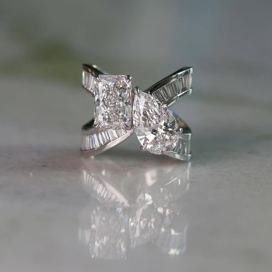 Radiant and Pear Lab Grown Diamond Toi et Moi Baguette Bypass Ring