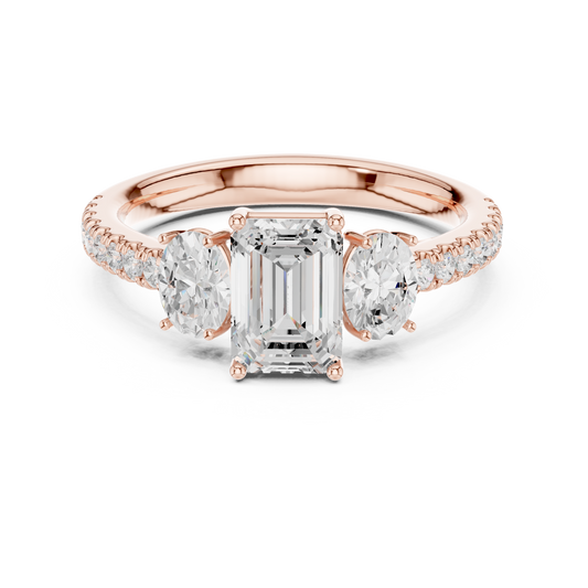 Emerald Cut Moissanite Diamond Ring with Oval Side Stones & Pave Band