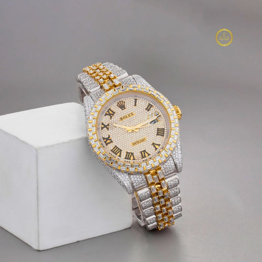 Imperial Gold and Silver Lab Diamond Encrusted Roman Luxury Timepiece with Full Pavé Dial and Baguette-Cut Detailing - View 2