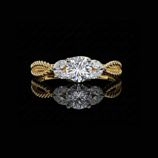 Round Cut Lab Grown Rope Band Ring with Marquise Side Stones