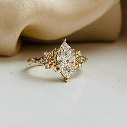 Marquise Lab Grown Diamond Ring with Floral Leaf Side Stones