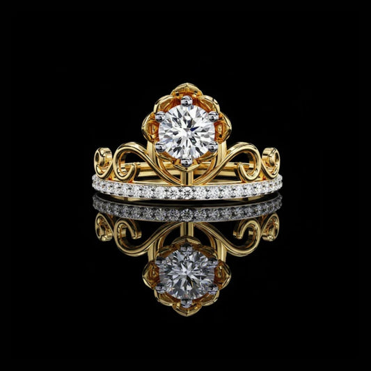 Vintage Floral Ring With Scroll Pave Band Crown Lab Diamond Ring
