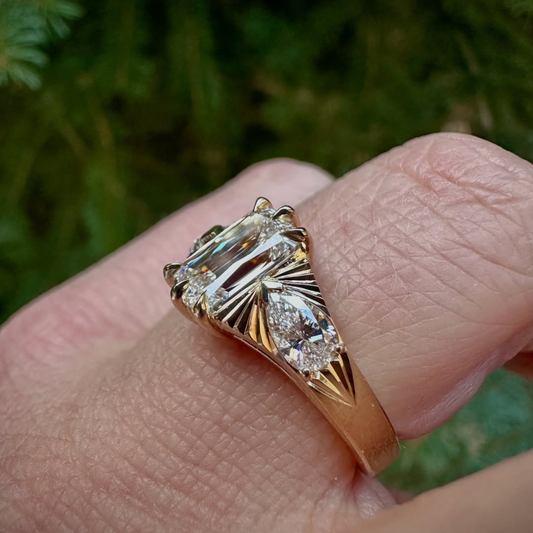 1.70 CT Fantastic Emerald Cut Moissanite Diamond Vintage Inspired Three Stone Statement Ring For Her