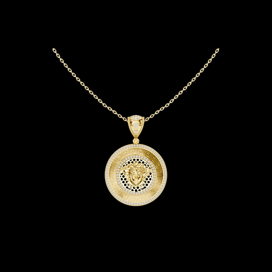 0.62 TCW Medusa Inspired Coin Elegant Greek Key Border and Moissanite Diamond Accents Statement Jewelry